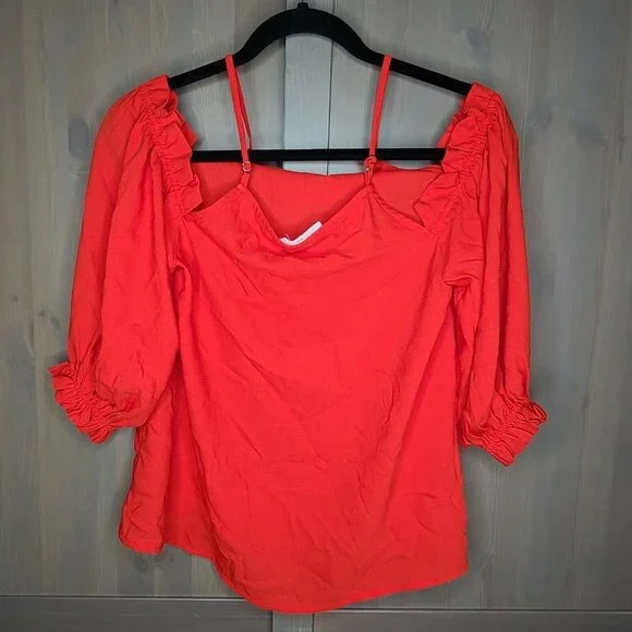 Elodie Blouse Womens XS Red Orange Cold Shoulder Elastic Cuff Sleeve Ruffle - Picture 5 of 11